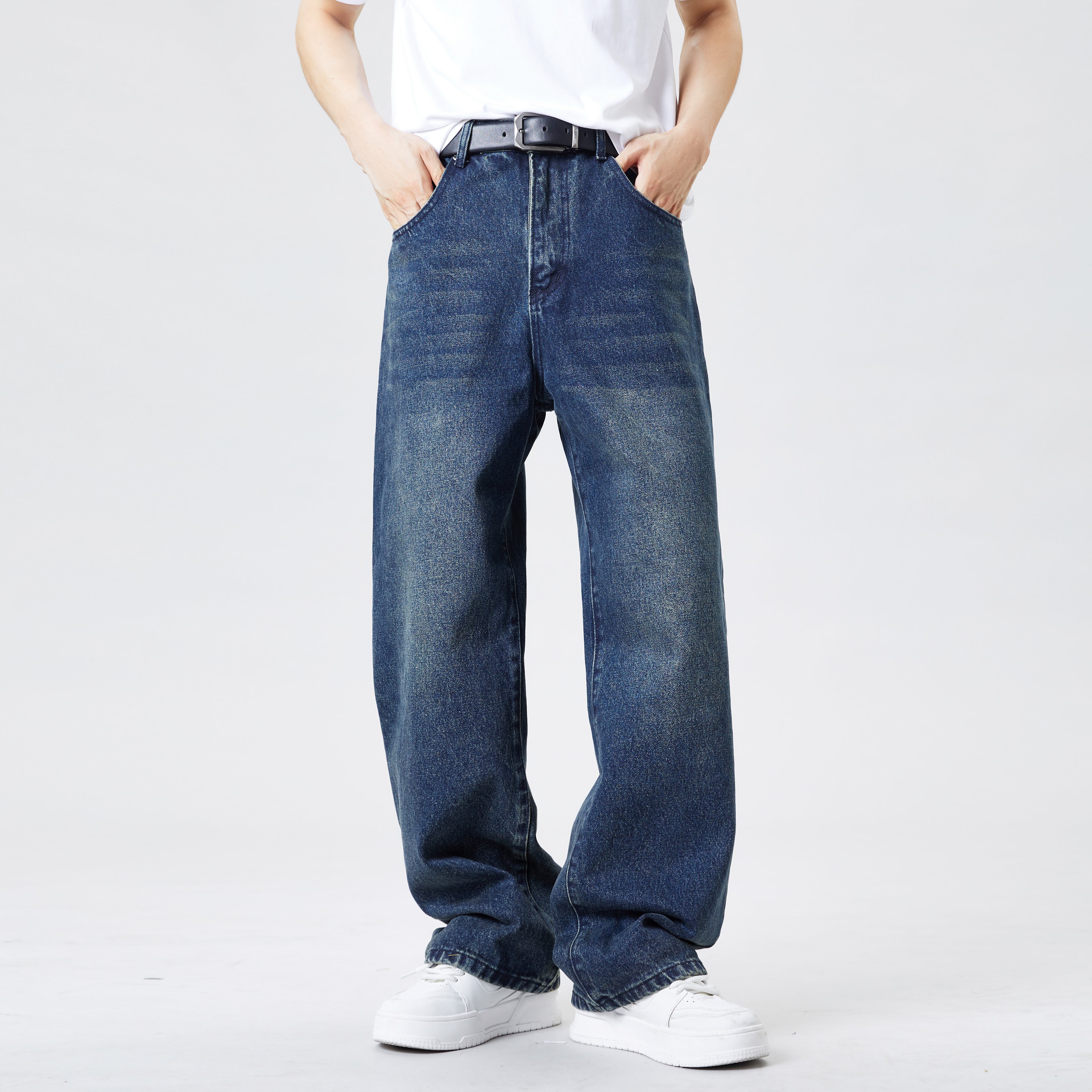 Vintage Blue Baggy Jeans for Men – Relaxed Straight Casual Fit Street Style Denim