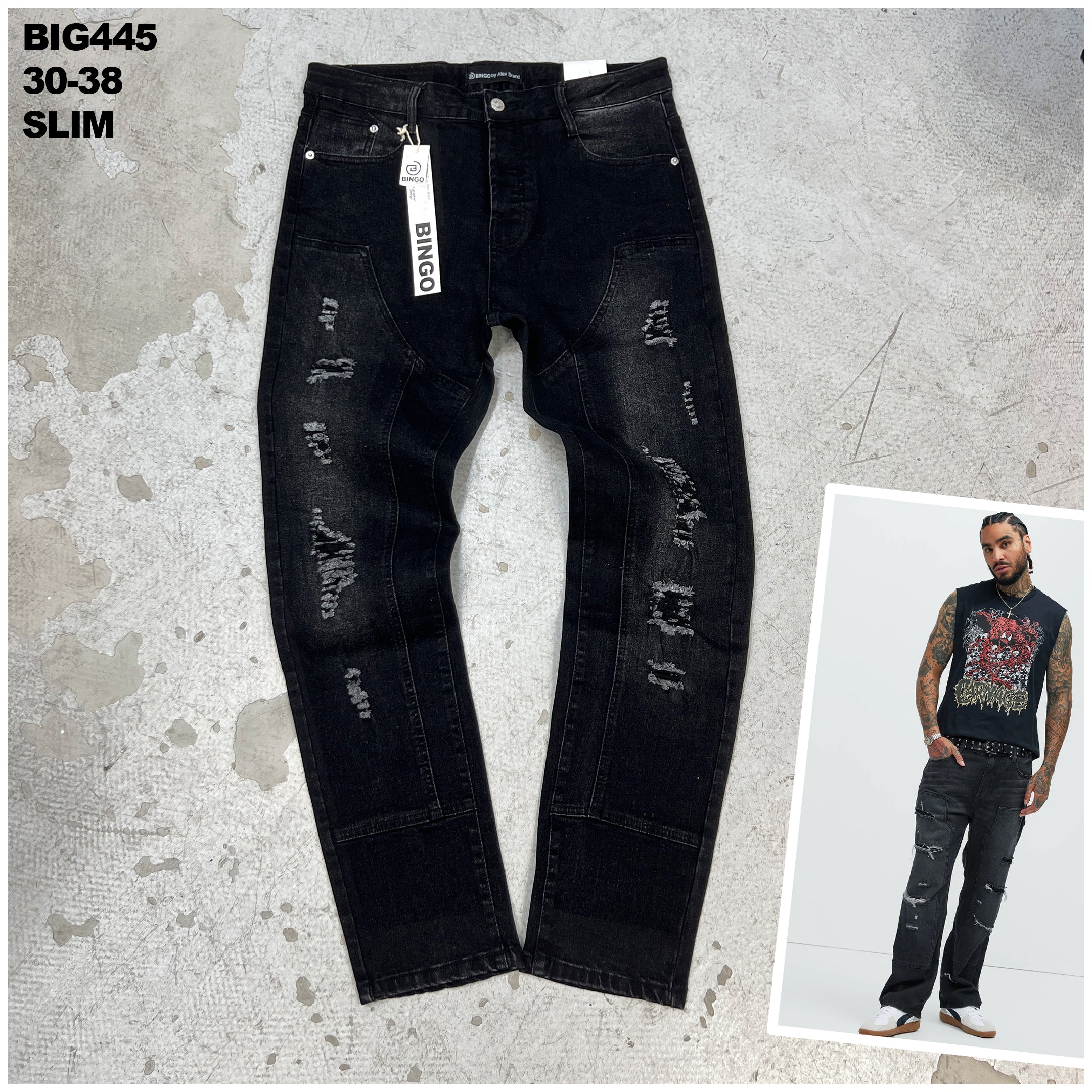 Men Black Carpenter Ripped Damaged Streetwear Jeans Slim Fit