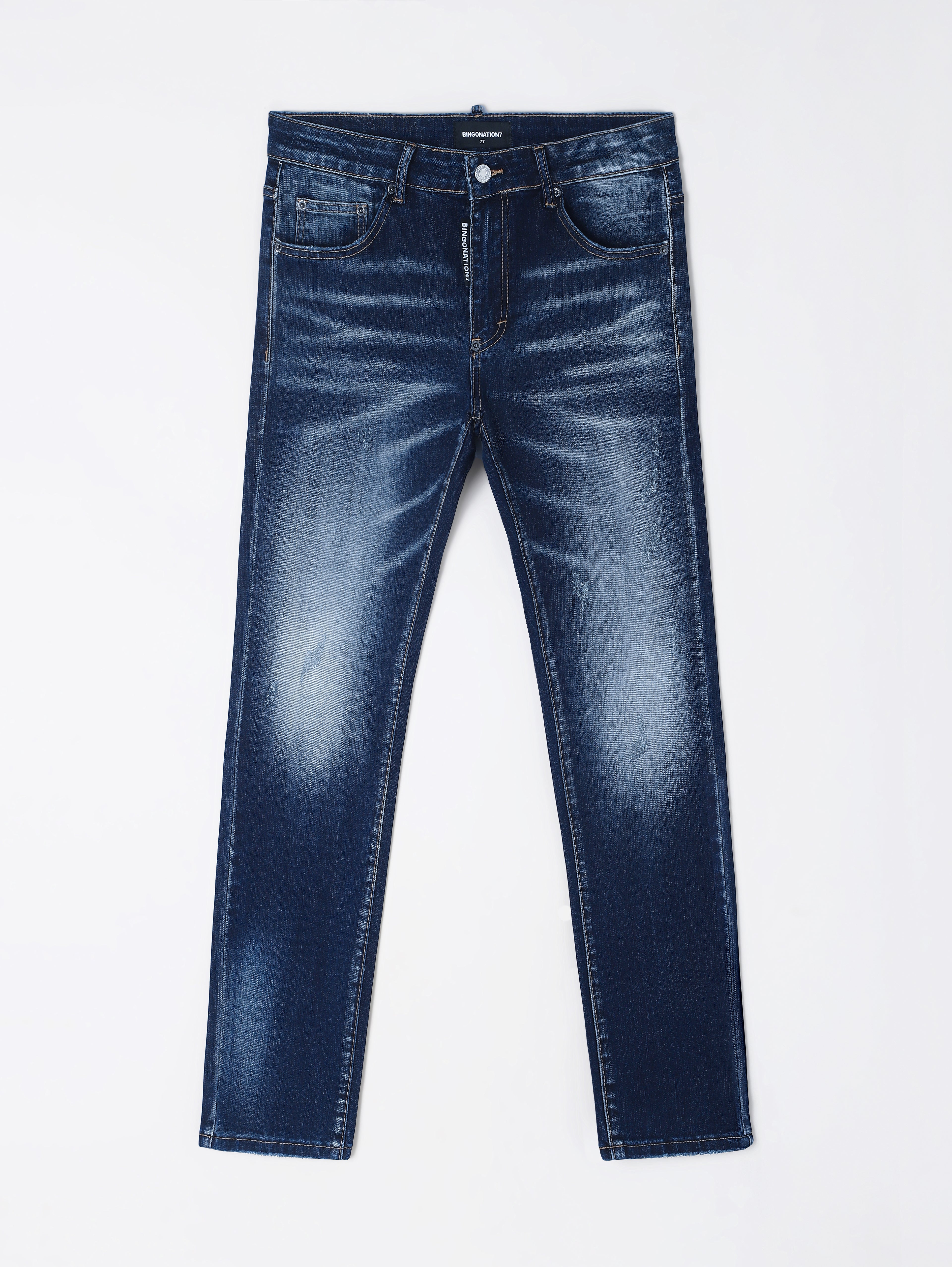 Trendy Stretch Slim Fit Blue Jeans for Men | Heavy Wash & Distressed Detailing