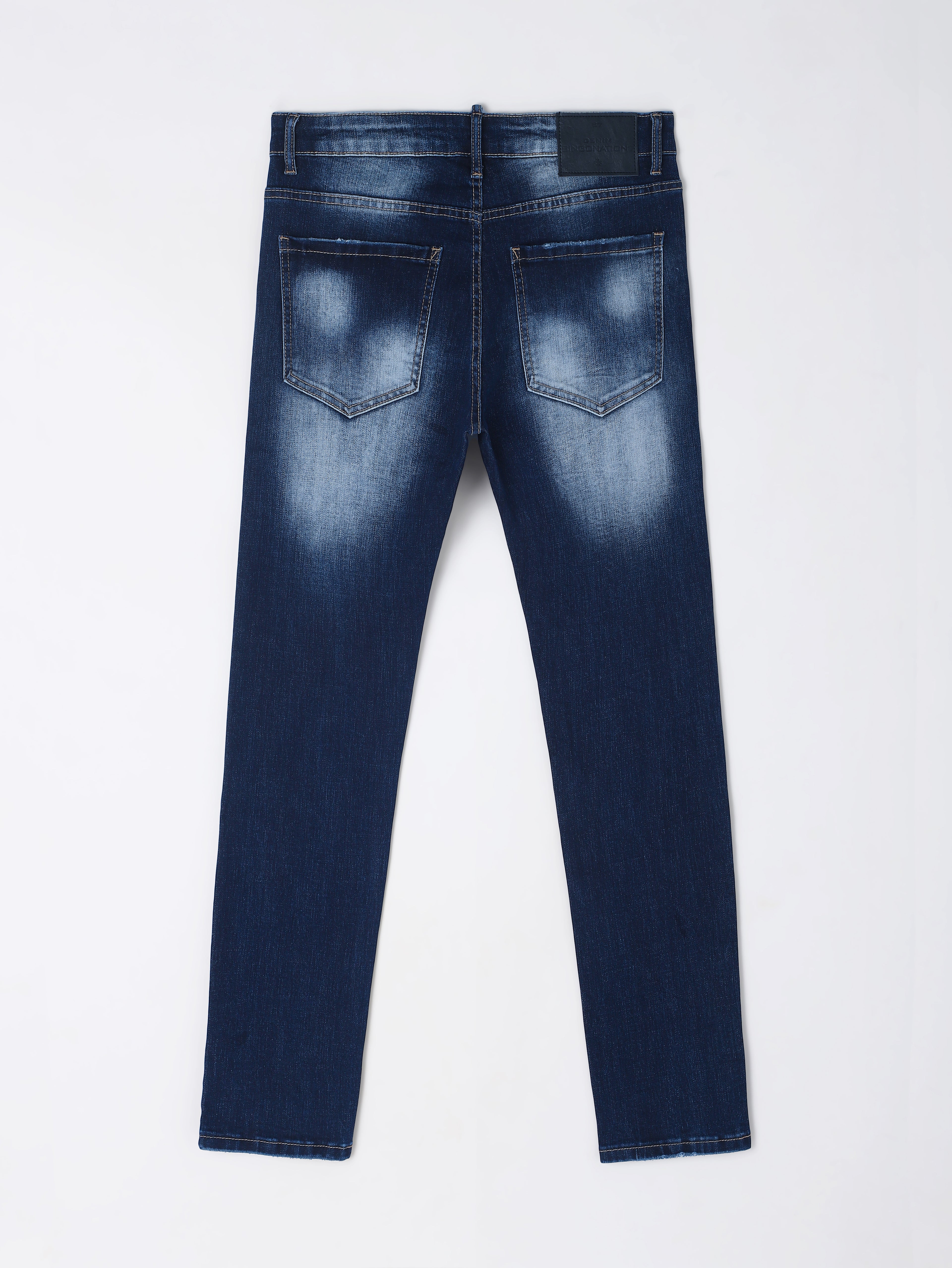 Trendy Stretch Slim Fit Blue Jeans for Men | Heavy Wash & Distressed Detailing