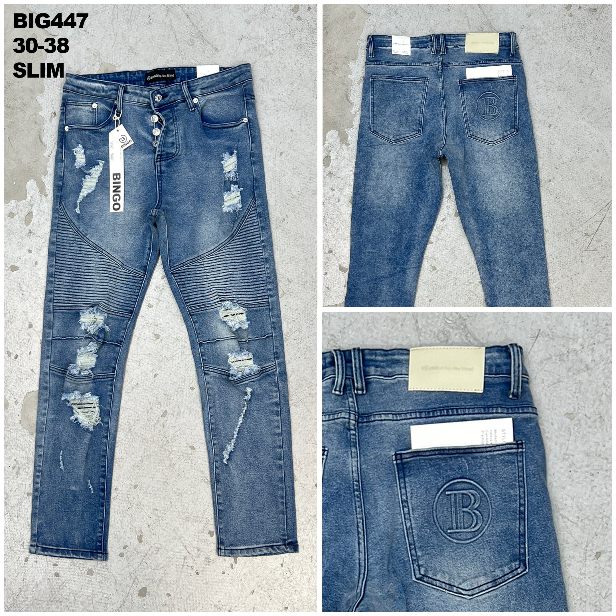 Blue Moto-Style Streetwear Jeans with Ripped Accents for Men