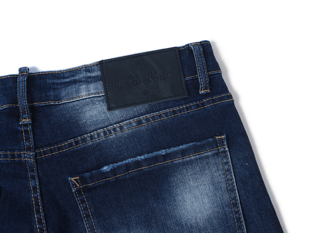 Trendy Stretch Slim Fit Blue Jeans for Men | Heavy Wash & Distressed Detailing