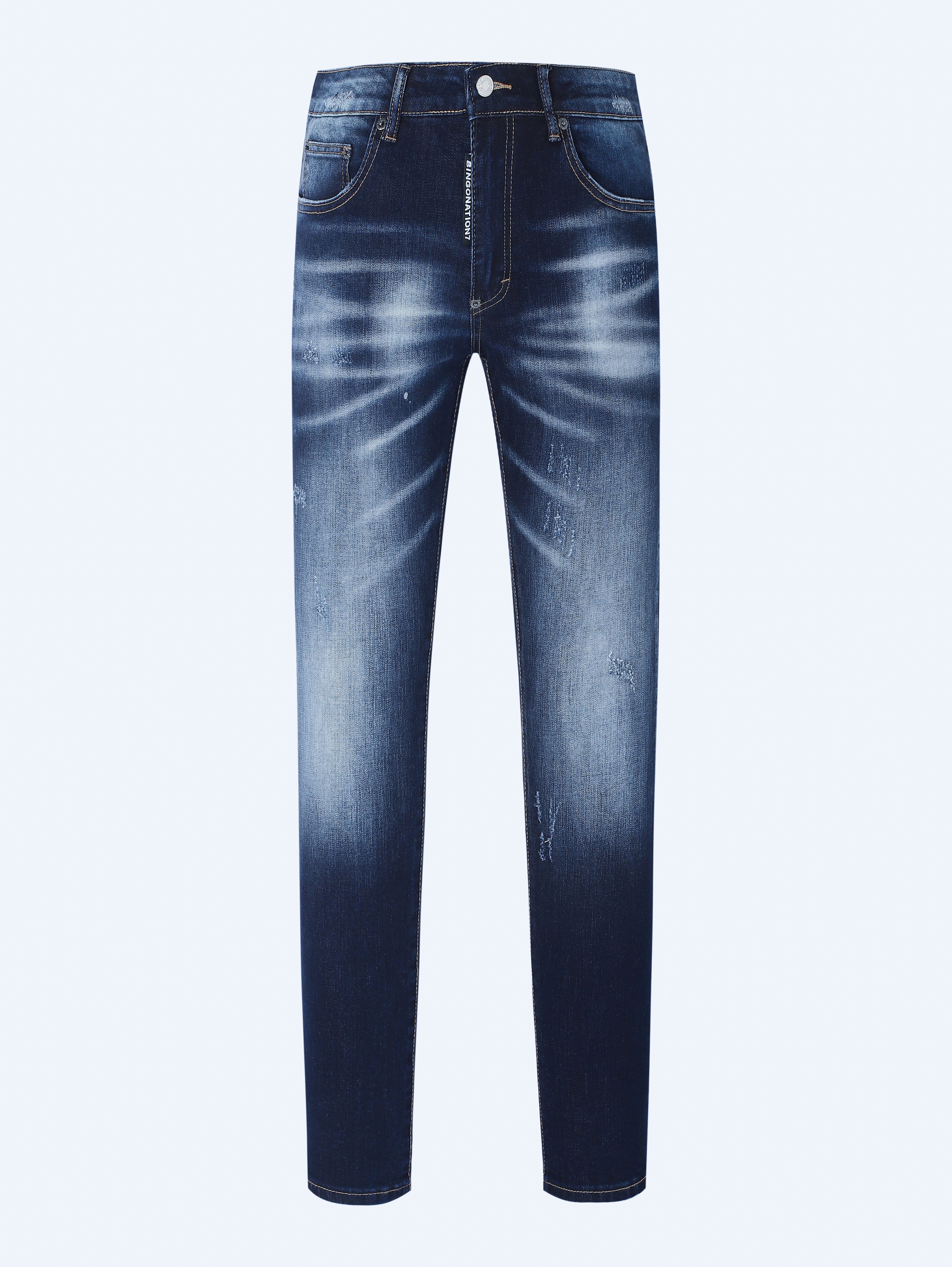 Men’s Stretch Slim Fit Blue Jeans | Heavy Wash & Distressed