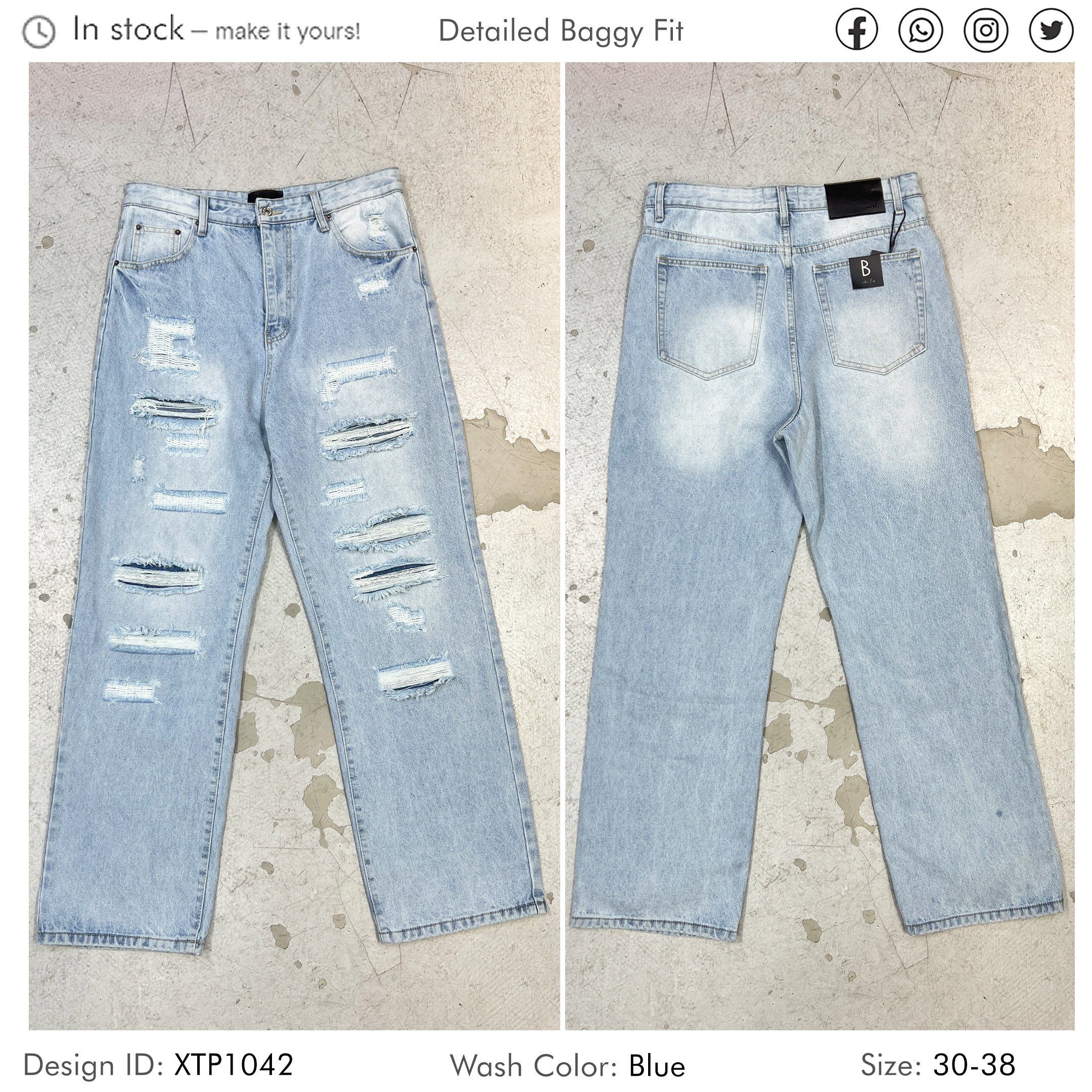 Baggy Loose Fit Relaxed Ripped Damaged Patches Stitches Jeans